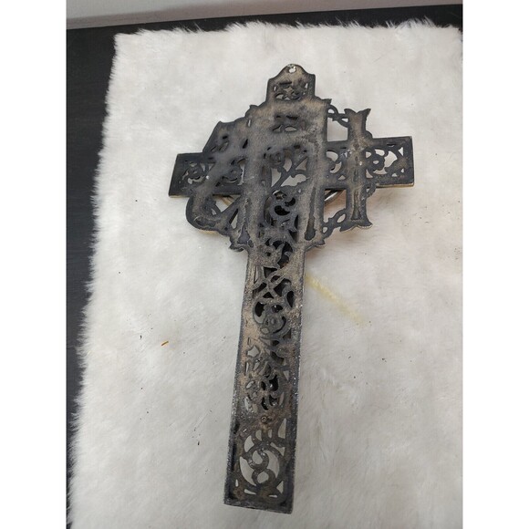 Crucifix Cross Wall Hanging Filagree Brass Goldtone Metal Jesus INRI Solid - Picture 8 of 9